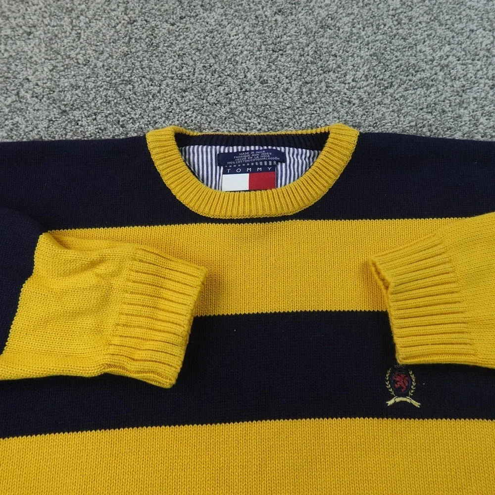 VTG Tommy Hilfiger Sweater Mens XL‎ Blue Yellow Rugby Striped Crewneck Pullover